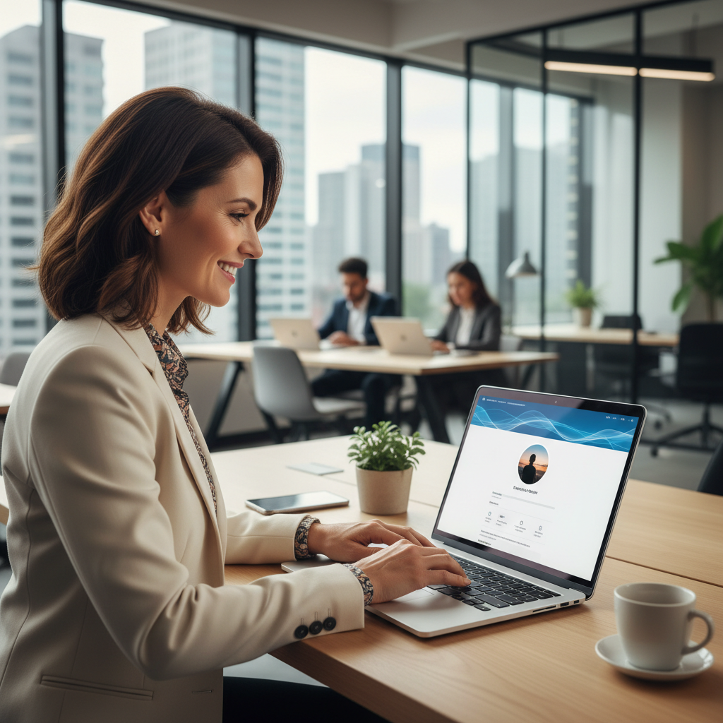 Professional woman optimizing her LinkedIn profile on a laptop