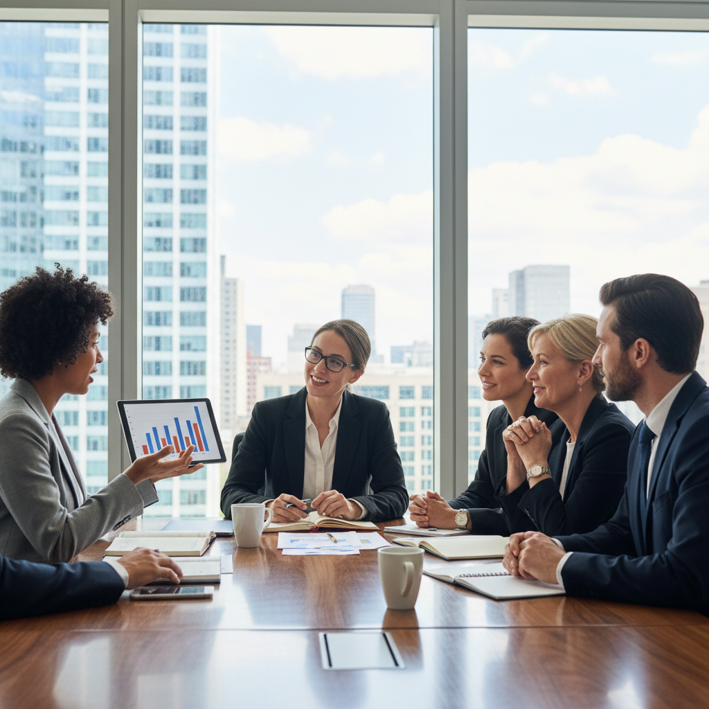 Business professionals discussing thought leadership strategies in a meeting