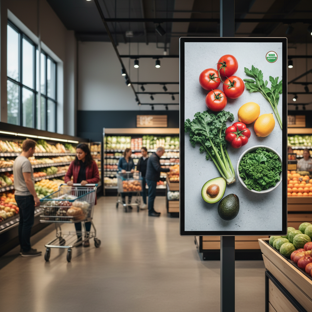 Digital screen retail media advertising in a grocery store
