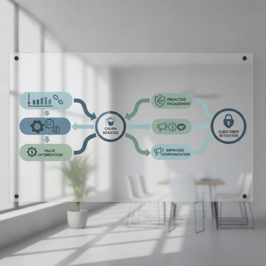 Alt Text:Flowchart showing common reasons for subscription churn like price, usage, and poor experience, and how to address them.