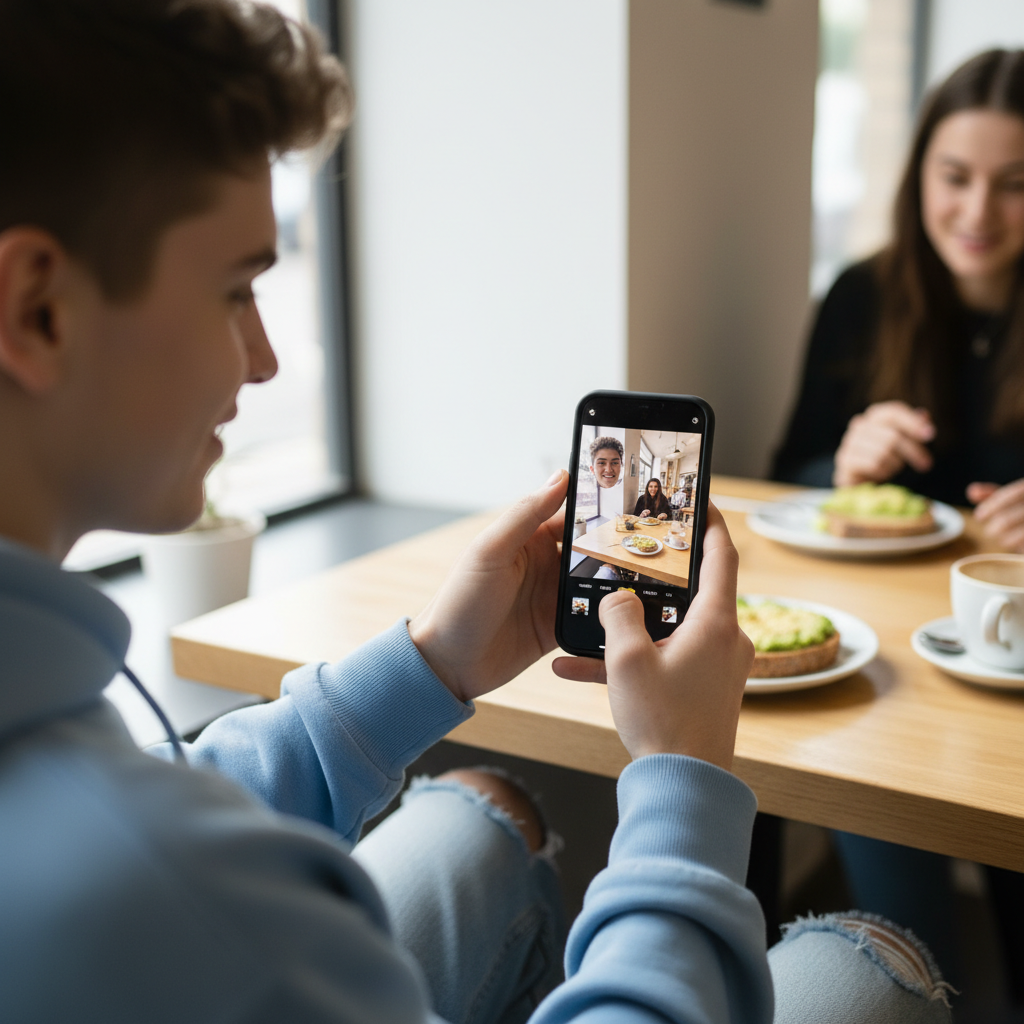 Gen Z user capturing an authentic moment on BeReal, showcasing the app's dual-camera feature and emphasis on real-time, unedited content.