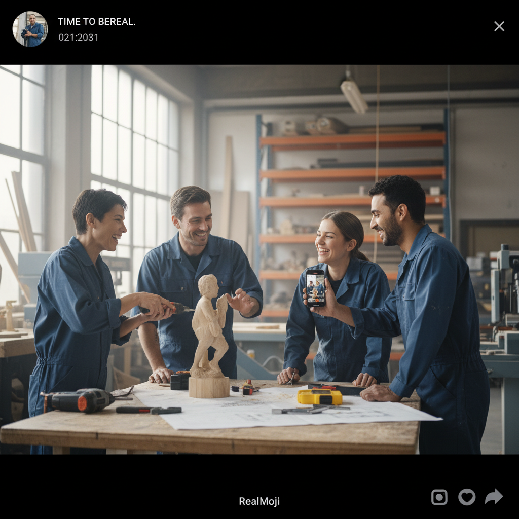 Authentic brand content on BeReal, featuring a candid, behind-the-scenes look at employees working, reflecting transparency and realness.