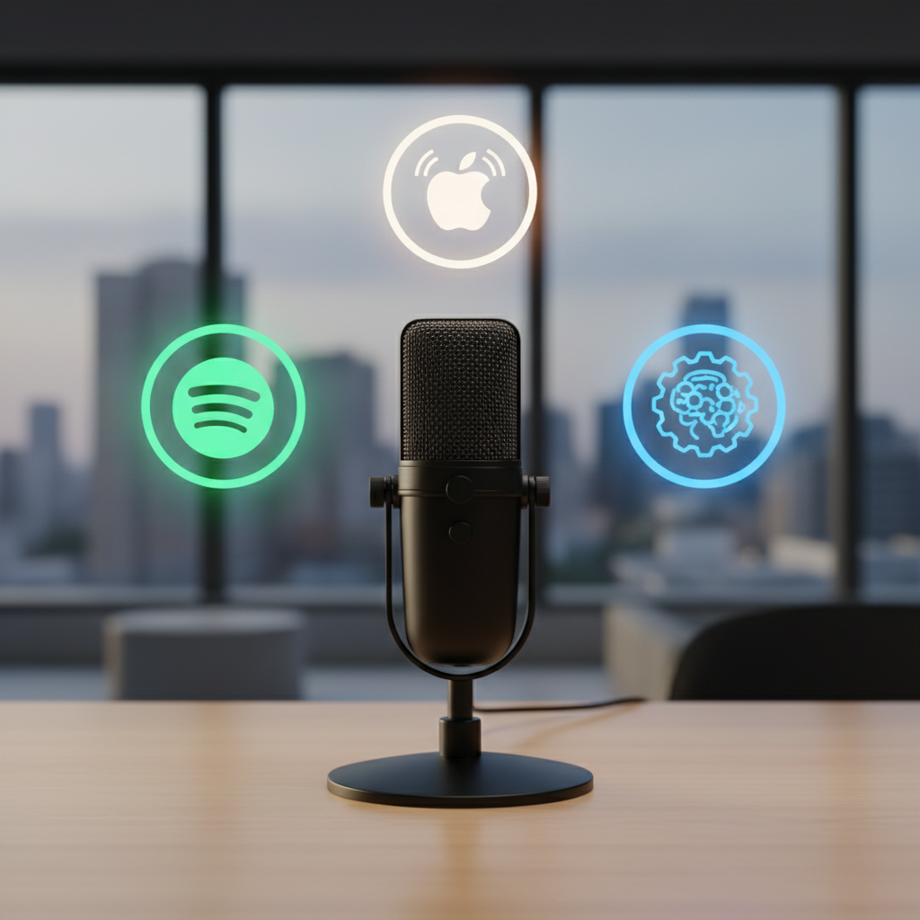 Alt_text:Podcast microphone with Spotify, Apple Podcasts, and AI logos for enhanced discoverability