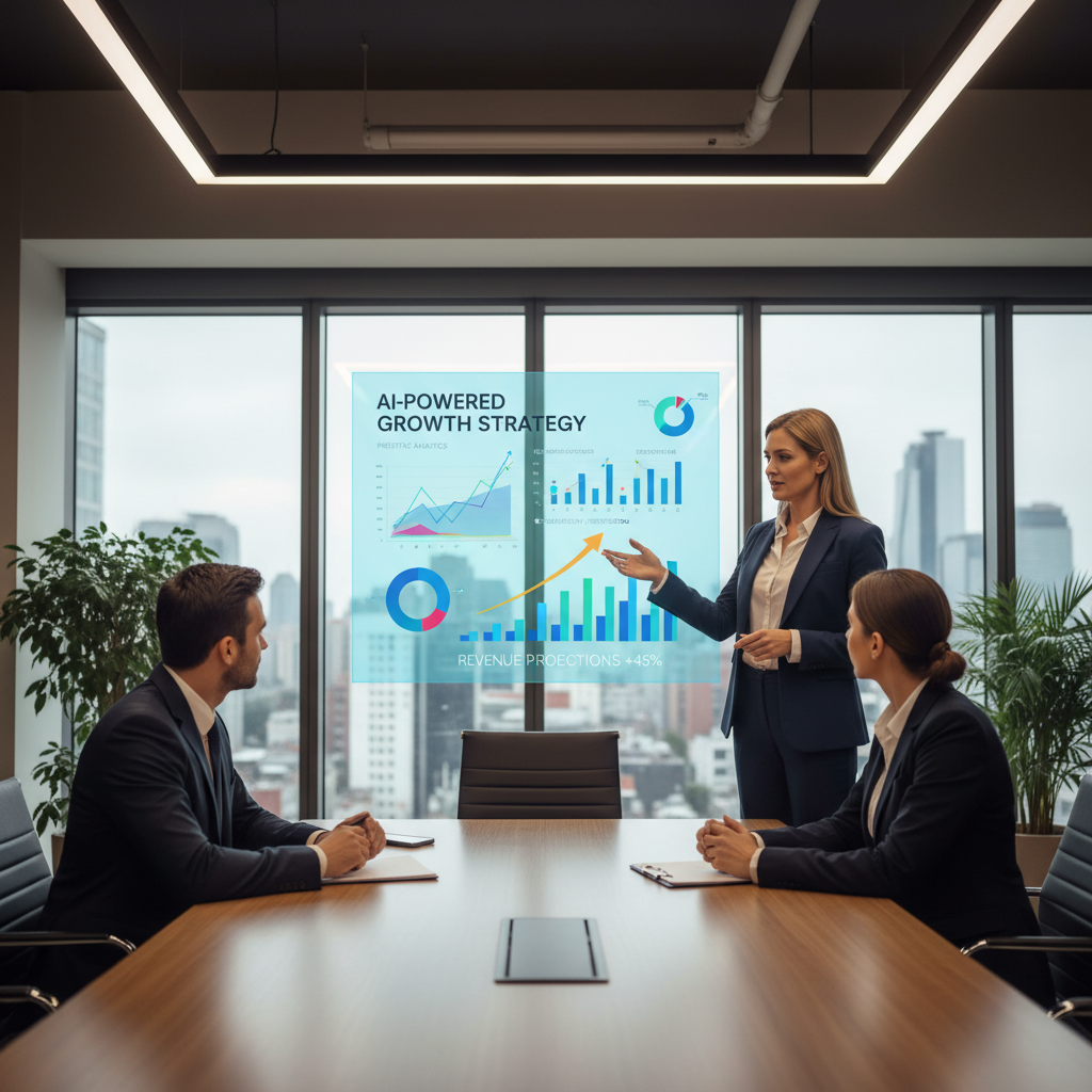 Agency professional explaining AI-driven marketing strategy to clients