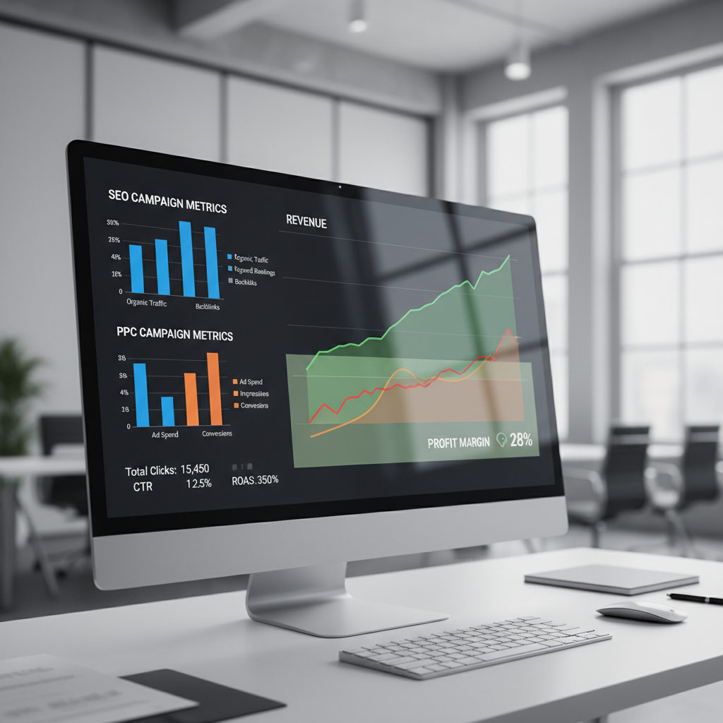 Alt text: SEO and PPC performance dashboard with profit indicators