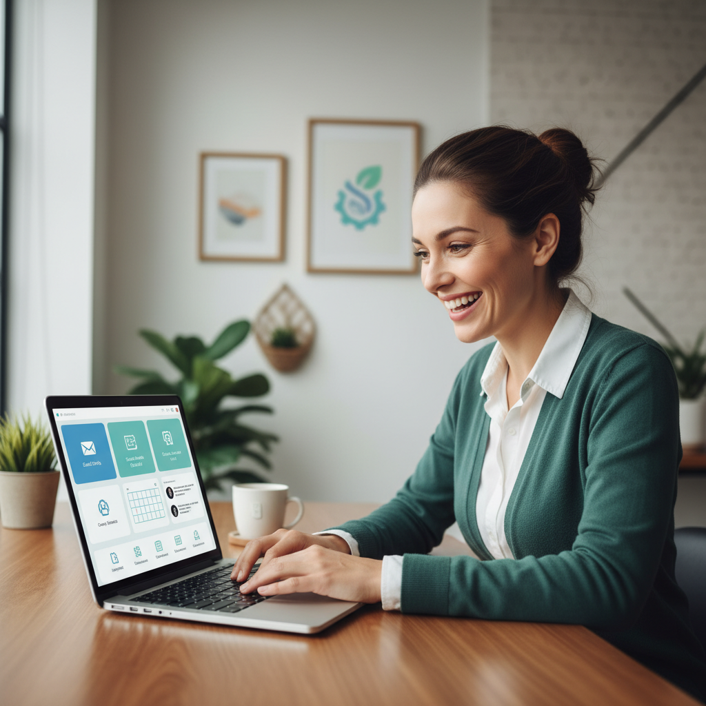 Small business owner utilizing AI marketing tools for efficiency