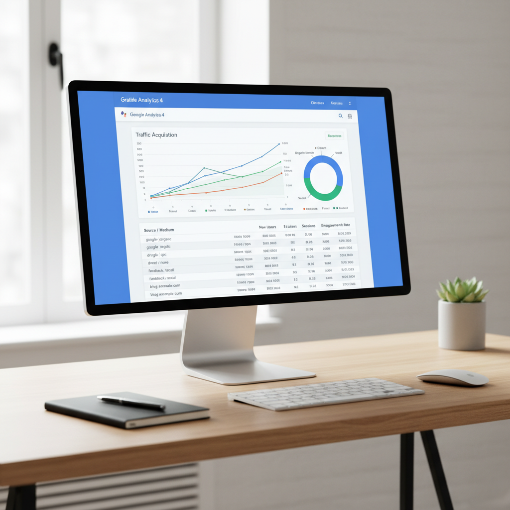 Screenshot of a Google Analytics 4 traffic acquisition report with session source/medium data