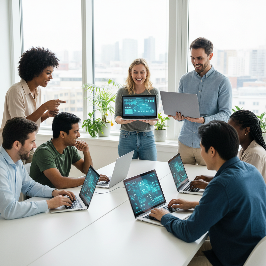 Diverse team members engaged in a LinkedIn employee advocacy program