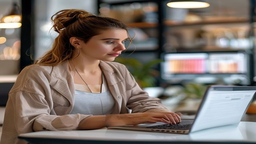 alt=A woman shopping online while reading a product description that highlights benefits and features